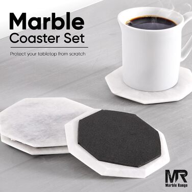 Підставки під чашки з мармуру з підставкою, 8.9 см, з оніксу, ручної роботи, для офісу, напоїв, кави та бару, на обідній стіл, набір з 6 шт. (Білі)