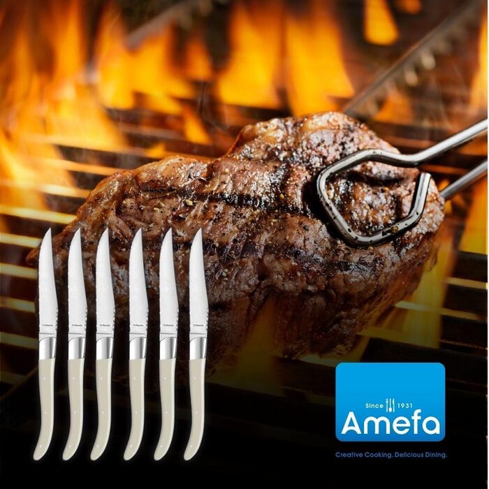 Набір ножів для стейків Amefa ROYAL STEAK Laguiole, 6 предметів, зубчастий край, 3-кратна клепана дерев'яна ручка, професійний набір стейків, столові прибори для стейків, у футлярі з цінних порід дерева, сталь 13/0, темний (білий)