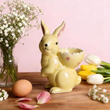 Набір із 2 порцелянових стаканчиків для яєць на Великдень, керамічні стаканчики для яєць у формі кролика, кумедні тарілки у формі пасхальних яєць у формі зайчика, можна мити в посудомийній машині, підставка для варених яєць, великодні подарунки (C жовтий)