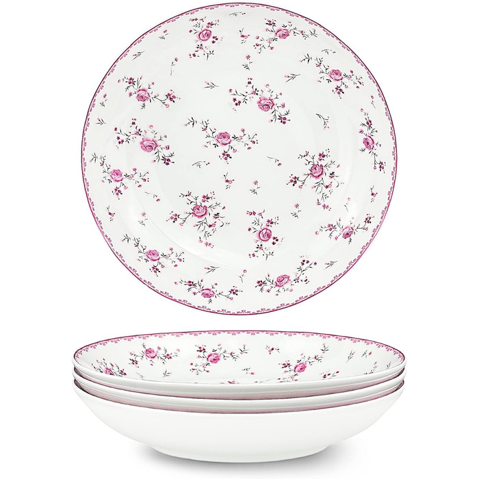 Набір обідніх тарілок fanquare з 4 плоских тарілок з білого порцеляни Ø 275 мм, Royal Vintage, рожеві квіти, для кейтерингу та домашнього використання, обідня тарілка 10,8 дюйма (салатна тарілка 7,9 дюйма)