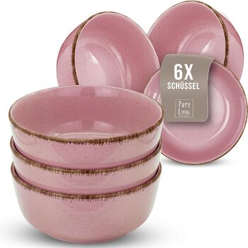 Набір посуду з керамограніту 6 персон Рустик 24 шт. - Набір посуду в сільському стилі, можна мити в посудомийній машині - Набір мисок і тарілок - Чистий живий посуд в (миски (6x), рожеві)