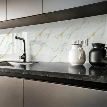 Стінові панелі IZODEKOR під мармур 60x120 см Фартух для кухні ПВХ-облицювання стін для кухні, ванної кімнати Бризкозахисний екран для кухні Водонепроникний та термостійкий (4 панелі, Golden Harmony)