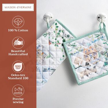 Рукавички для духовки, прихватки для каструль Maison d&39 Hermine, 100 бавовна, термостійкі кухонні рукавички, рукавички для духовки (19 x 33 см) та прихватки для каструль (20 x 20 см) для приготування їжі, Морзін - Рукавички для духовки (19 x 33 см) та п