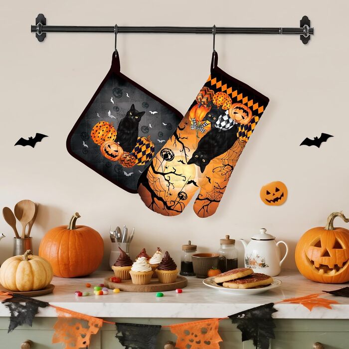 Набір з 2 рукавичок для духовки Arquiel з тримачем для каструлі Gnome Autumn Orange Checked, 100 бавовняні кулінарні рукавички, термостійкі кухонні рукавички для приготування їжі, осінній декор, подарунки для жінок (Хелловін 01, рукавичка для духовки трим