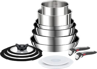 Набір посуду для індукційного приготування Tefal Ingenio Preference On з 15 предметів зі знімною ручкою, що штабелюється, економить місце, з антипригарним покриттям, простий у використанні та чищенні, набір посуду для індукційного приготування L97495 (наб
