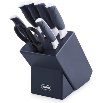 Набір ножових блоків Zyliss E920263 Comfort 7 шт., японська нержавіюча сталь, темно-сіра/біла ручка, блок ножів з 6 ножами та 1 ножицями, можна мити в посудомийній машині, гарантія 5 років