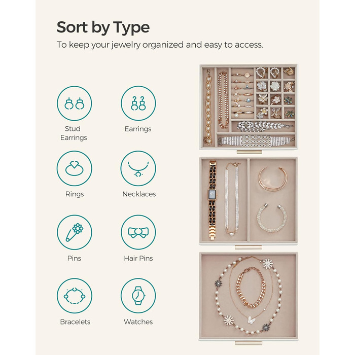 Скринька органайзер для ювелірних виробів 3-рівнева хмарно-біла SONGMICS