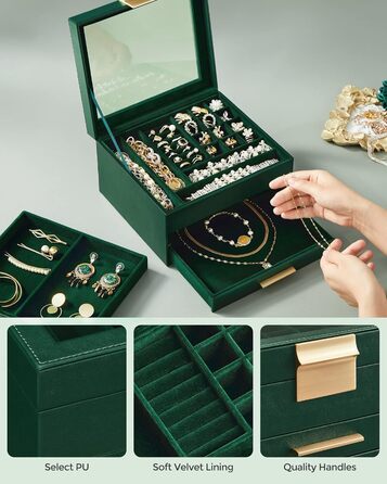 Скринька органайзер для ювелірних виробів 3-рівнева темно-зелений SONGMICS