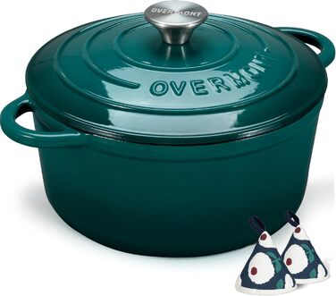 Чавунна форма для запікання Overmont Enamel - 26 см, придатна для використання в духовці, з кришкою та кулінарною книгою - для випікання, тушкування, запікання, білого кремового кольору (24 см-4,3 л, морський блакитний)