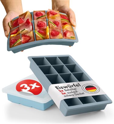 Силиконовые формочки для льда на 15 кубика XL с крышкой, набор 3 предмета, серо-голубой и светло-голубой Blumtal