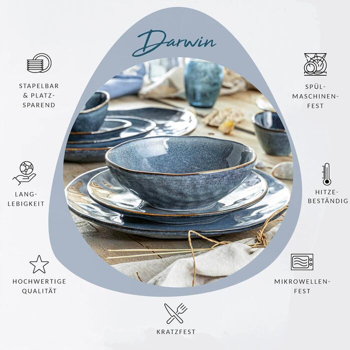 Набір посуду на 4 персони, 12 предметів, сіро-синій Darwin Sänger