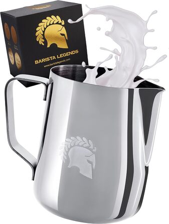 Глечик для молока Barista Legends з нержавіючої сталі 350 мл зі спеціальним носиком для лате-арту - Глечик для спінювання молока з високим глянцевим покриттям - Глечик для молока Barista з нержавіючої сталі - Аксесуари Barista (сріблястий 600 мл)