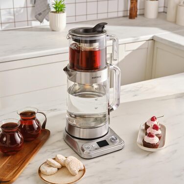 Автоматична чайна машина Karaca X Refika XL, чайник на 2 л та скляний чайник на 0,8 л, мультитемпературний режим, еко-режим, 2200 Вт, чайна машина для родини та гостей, хромована