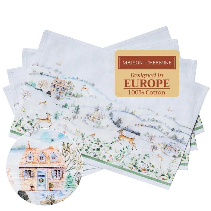 Бавовняні килимки для серветок, набір з 4 шт. , декоративні килимки для серветок, пасхальні килимки, що миються, для свят, вечерь, весни, літа (33 см x 48 см) (28 - Snowy World), 39Hermine 100