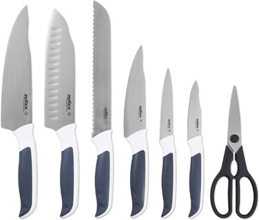 Набор блоков ножей Zyliss E920263 Comfort 7 шт., японская нержавеющая сталь, темно-серая/белая ручка, блок ножей с 6 ножами и 1 ножницами, можно мыть в посудомоечной машине, гарантия 5 лет
