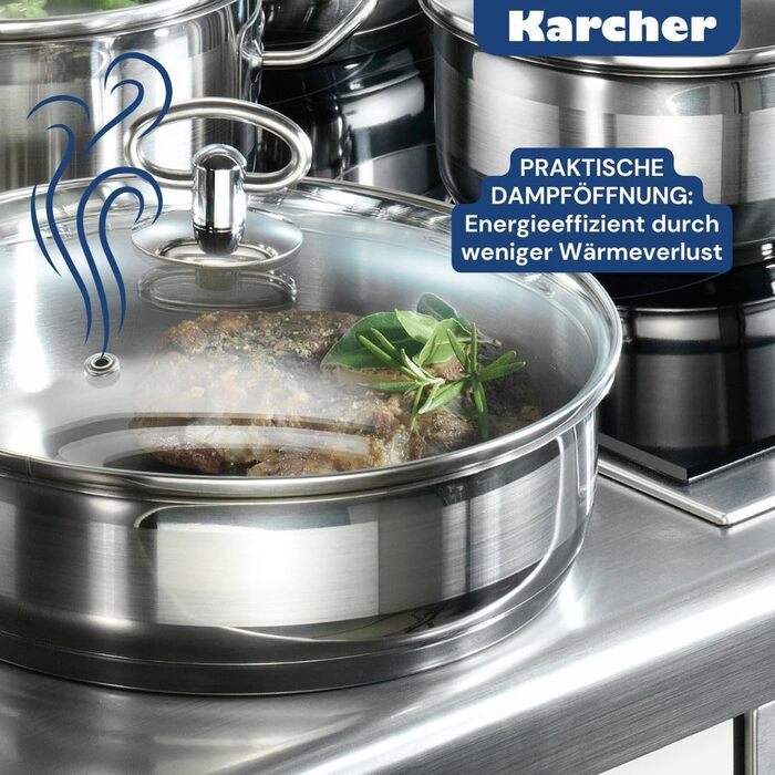 Набір посуду Karcher Jasmin, 20 предметів Набір посуду з нержавіючої сталі для індукції, включаючи скляні кришки Каструлі та сковорідки, придатні для миття в посудомийній машині та духовці Посуд для всіх типів плит з чашами з нержавіючої сталі