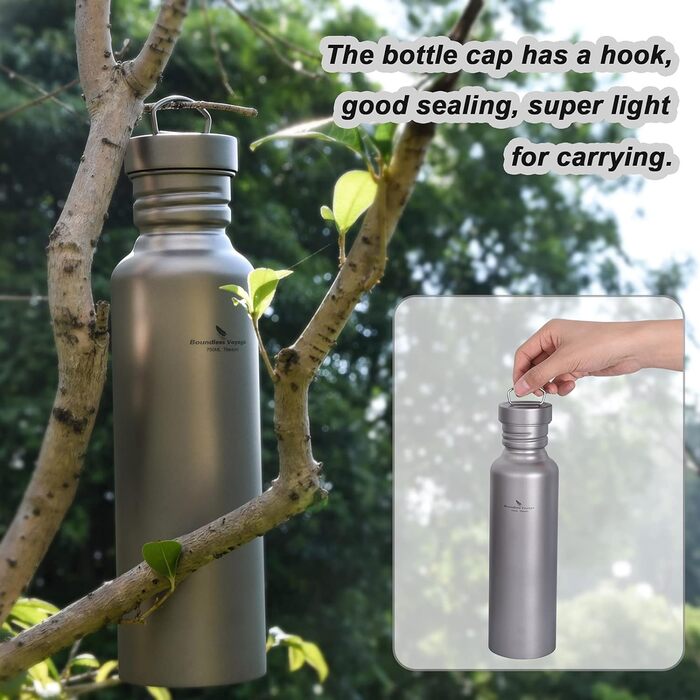 Титановая бутылка для питья с широким горлом и герметичной крышкой и крючком 750 мл. iBasingo