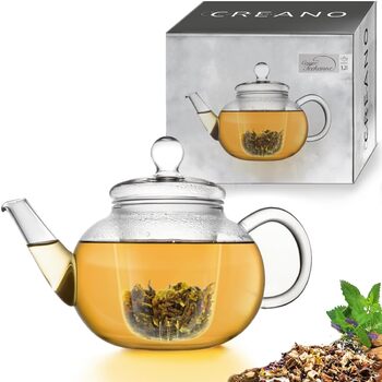 Скляний чайник Creano Glass Teapot з 3 частин із вбудованим ситечком з нержавіючої сталі та скляною кришкою, ідеально підходить для приготування сипучих чаїв, без крапель, універсальний (скляне ситечко 1.2 л)