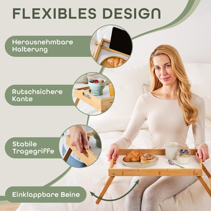 Бамбуковий піднос Blumtal з дерев&39яною підставкою для планшетів/телефонів - Піднос для сніданку для ліжка - Складаний столик для ліжка 50 x 30 x 6 см - Столик для ноутбука для дивана - Міцний піднос для дивана, білий