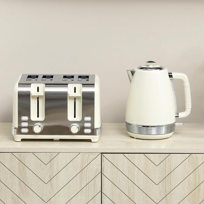Набір тостерів HOMCOM Kettle, набір для сніданку з нержавіючої сталі з тостером на 4 скибочки, чайник 1,7 л, 2200 Вт, 7 рівнів підрум&39янення, піддон для крихт, розморожування, розігрівання та термостат Strix, вершки