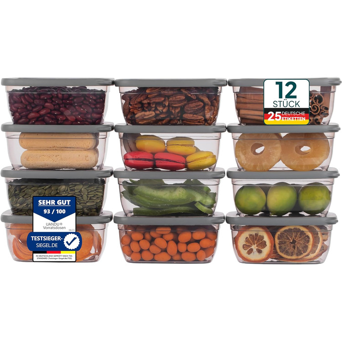 Герметичные банки для хранения uandu с крышками Набор из 12 баночек для хранения Герметичная кухня для хранения всех продуктов Не содержит бисфенола А Органайзер для кухни Контейнер для хранения Склад муки (серый-12x750)