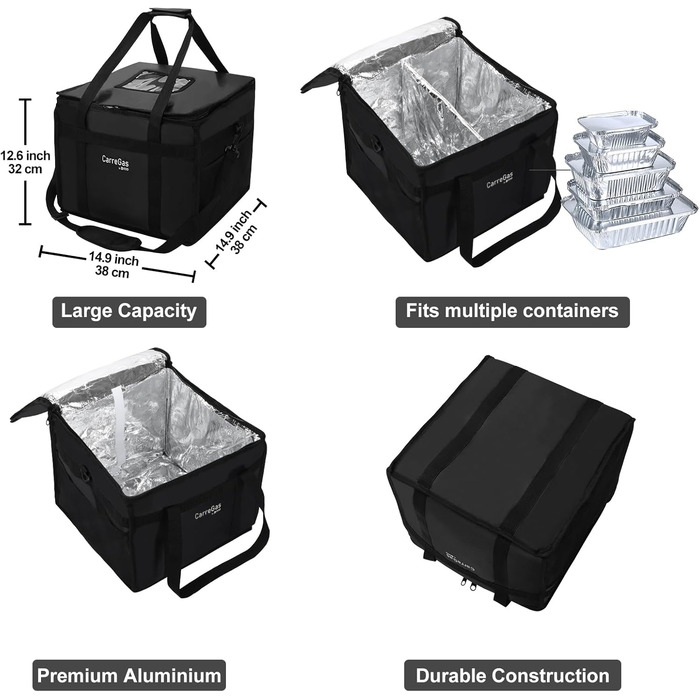 Ізольована харчова сумка, 38 x 38 x 32 см, ідеально підходить для гарячих та холодних страв, піци, ресторанів, доставки додому, індійської/китайської їжі, пікніків, термосумка, чорна