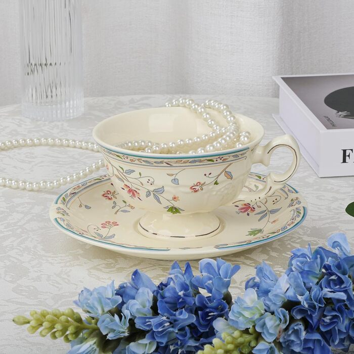 Набір чашок та блюдець Fanquare з вінтажним квітковим візерунком, кістяний фарфор, для еспресо, капучино та кави, з блюдцем та ложкою, подарунок для вечірки (синій)