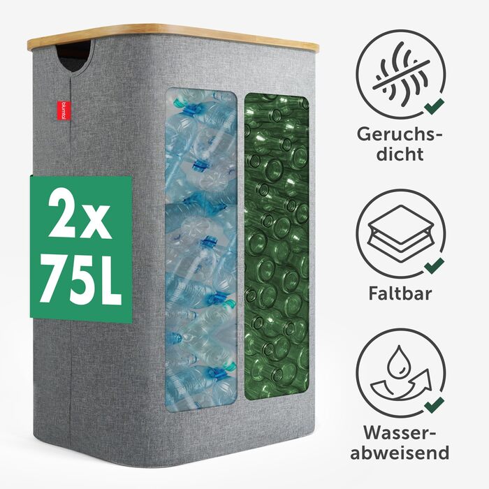 Контейнер для збору порожніх пляшок Blumtal 150 л з 2 відділеннями - Органайзер для порожніх пляшок з бамбука - Збірник порожніх пляшок - Збірник порожніх пляшок - Контейнер для збору порожніх пляшок з отвором - Збірник сірого кольору - 150 л