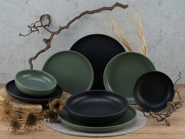 Набір посуду Uno серії 16 предметів, комбінований набір з керамограніту (чорний зелений, столовий сервіз 8 предметів), 22978