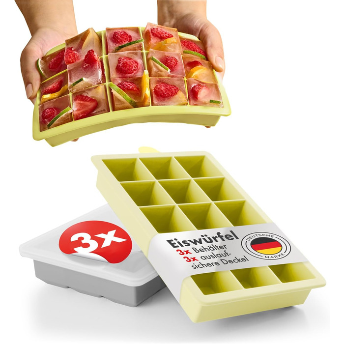 Силиконовые формочки для льда на 15 кубика XL с крышкой, набор 3 предмета, серый/желтый Blumtal