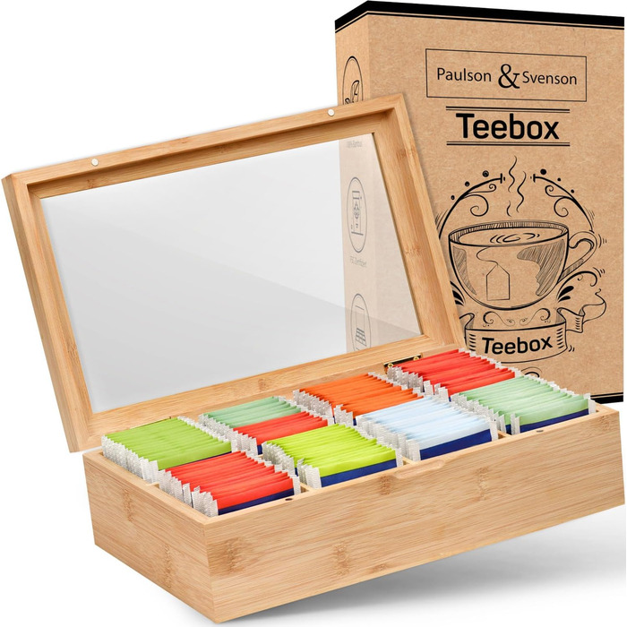 Екологічна чайна коробка з 8 дерев&39яними відділеннями - Герметичне зберігання чайних пакетиків виготовлене з сертифікованого бамбука - Органайзер для чаю з магнітною застібкою та скляною кришкою - Зберігання чайних пакетиків