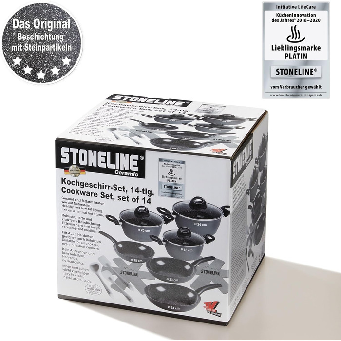 Набір керамічних горщиків STONELINE, 6 предметів, 18/20/24 см, з кришкою, антипригарний, без PFAS, для індукційних плит усіх типів з керамічним покриттям та справжніми кам&39яними частинками, набір посуду (сірий, 14 предметів)