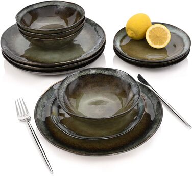 СПІВАЧКА Обідній сервіз Asti Stoneware, набір посуду з 12 предметів для 4 осіб, темний та унікальний дизайн, сучасний