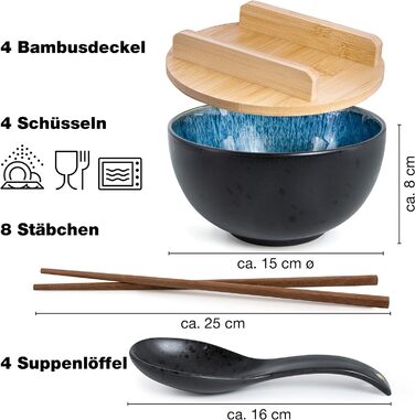 Набор Рамен Синий Реактивный, включая крышку и ложкуЧерный набор миска для рамена на 4 персоны - для супа, фо и суши Боул 4 шт. Bowl, 4 шт.