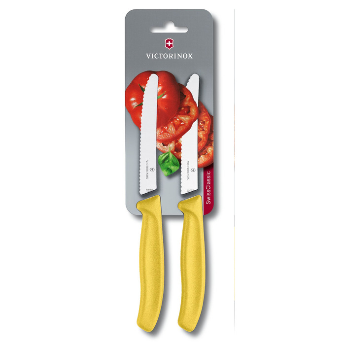 Кухонний ніж Victorinox SwissClassic Tomato&Sausage лезо 11см хвил. з жовт. ручкою 2шт (блістер)