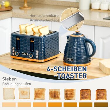 Набір для сніданку HOMCOM Kettle Toaster Set з чайником 1,7 л, тостером на 4 скибочки, 2200 Вт, 7 рівнів підрум&39янення, розморожуванням, розігріванням та піддоном для крихт, термостатом Otter, кремово-білим (синім)