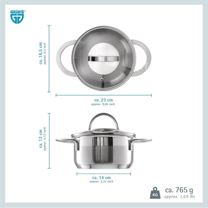 Каструлі GRWE зі скляною кришкою, комплект з 2 шт., Ø 16 см (1,5 літра), Ø 24 см (5 літрів), можна мити в посудомийній машині, каструлі для індукції, нержавіюча сталь, набір каструль серії Pro-Line Ø 16 см Ø 24 см (Ø 14 см)