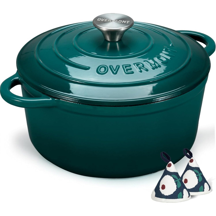 Чавунна форма для запікання Overmont Enamel - 26 см, придатна для використання в духовці, з кришкою та кулінарною книгою - для випікання, тушкування, запікання, білого кремового кольору (26 см-5,2 л, морський блакитний)