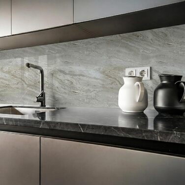 Стінові панелі IZODEKOR під мармур 60x120 см Панель для кухонного фартуха ПВХ-облицювання стін для кухні, ванної кімнати Бризкозахисний екран для кухні Водонепроникний та термостійкий (4 панелі 4 монтажних клею, Mars Bubble)