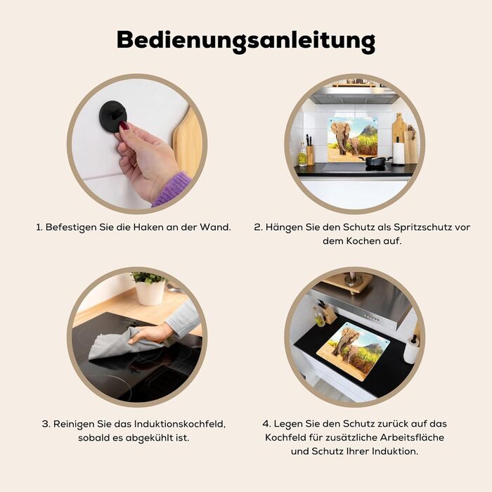 Фартух для плити, кухонний фартух, вініл, 78x52 см, декор для кухні, облицювання стіни, кришка для плити - сіро-чорна (слони - тварини, 52Д x 60Ш см)