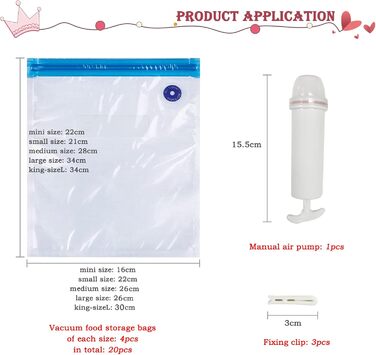 Набор из 20 вакуумных пакетов для пищевых продуктов с ручным насосом, 5 размеров YOUNGSAY