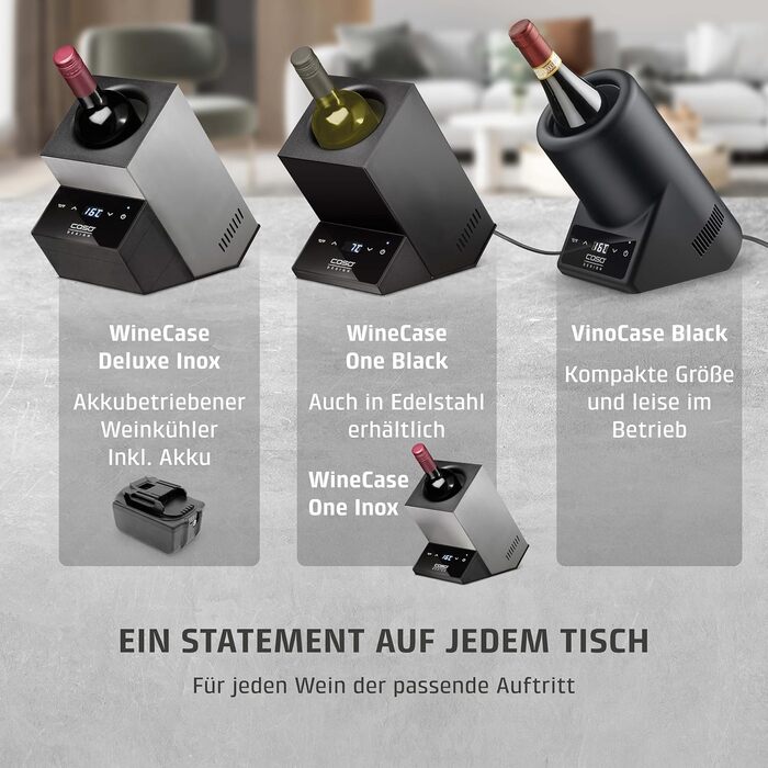 Охолоджувач для вина, розрахований на одну пляшку, з температурним режимом 5-18C, для пляшок діаметром до 9 см, сенсорне керування, корпус з нержавіючої сталі чорного кольору.