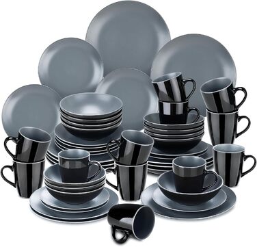 Столовый сервиз из керамогранита, набор посуды vancasso MODA, винтажный вид, комбинированный сервиз из 40 предметов с 8 тарелками, тарелками для тортов, суповыми тарелками, мисками и чашками каждая (Lento темно-серый, набор посуды 48 шт.)