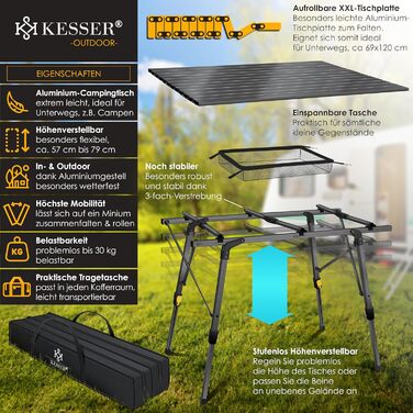 Стол для кемпинга KESSER Складной складной стол с алюминиевой рамой Рулонная столешница Складной стол Регулировка высоты, включая сумку для переноски с ремнем для переноски 90 x 53 см - до 30 кг, (120 см x 70 см, антрацит)