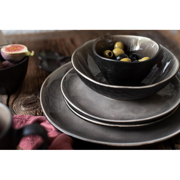 Серии Niara Organic, современный набор посуды на 4 персоны в захватывающем винтажном стиле, комбинированный сервиз из 16 предметов со специальной комбинацией глазури черного и коричневого цветов, керамогранит, 934073