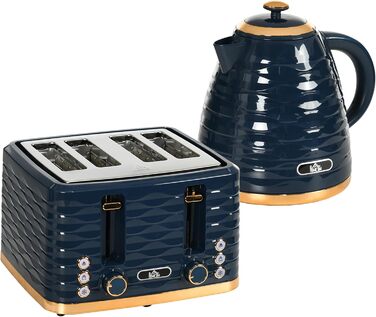 Набір для сніданку HOMCOM Kettle Toaster Set з чайником 1,7 л, тостером на 4 скибочки, 2200 Вт, 7 рівнів підрум&39янення, розморожуванням, розігріванням та піддоном для крихт, термостатом Otter, кремово-білим (синім)