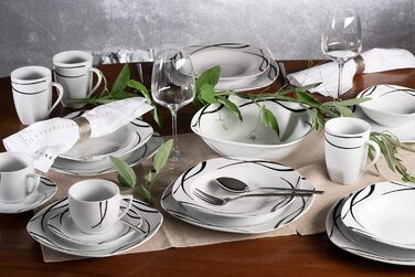 Серія Осло, набір тарілок з 12 предметів на 6 осіб з порцеляни, столовий сервіз класичний, позачасовий, елегантний, чорно-білий (набір кавових кухлів з 6 шт. ), 920673