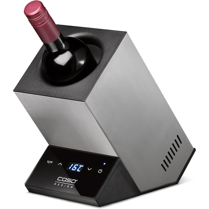 Дизайнерський винний охолоджувач для однієї пляшки, діапазон температур від 5 до 18C, для пляшок до 9 см Ø, сенсорне керування, корпус з нержавіючої сталі, невеликий