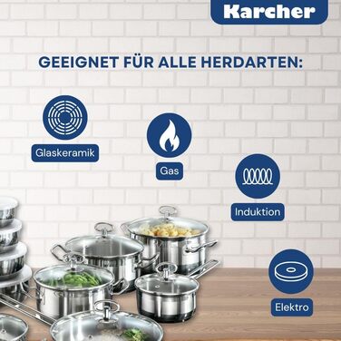 Набір посуду Karcher Jasmin, 20 предметів Набір посуду з нержавіючої сталі для індукції, включаючи скляні кришки Каструлі та сковорідки, придатні для миття в посудомийній машині та духовці Посуд для всіх типів плит з чашами з нержавіючої сталі