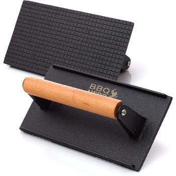 Чавунний прес для м'яса 21 x 11 см з дерев'яною ручкою, квадратний BBQ Nerd